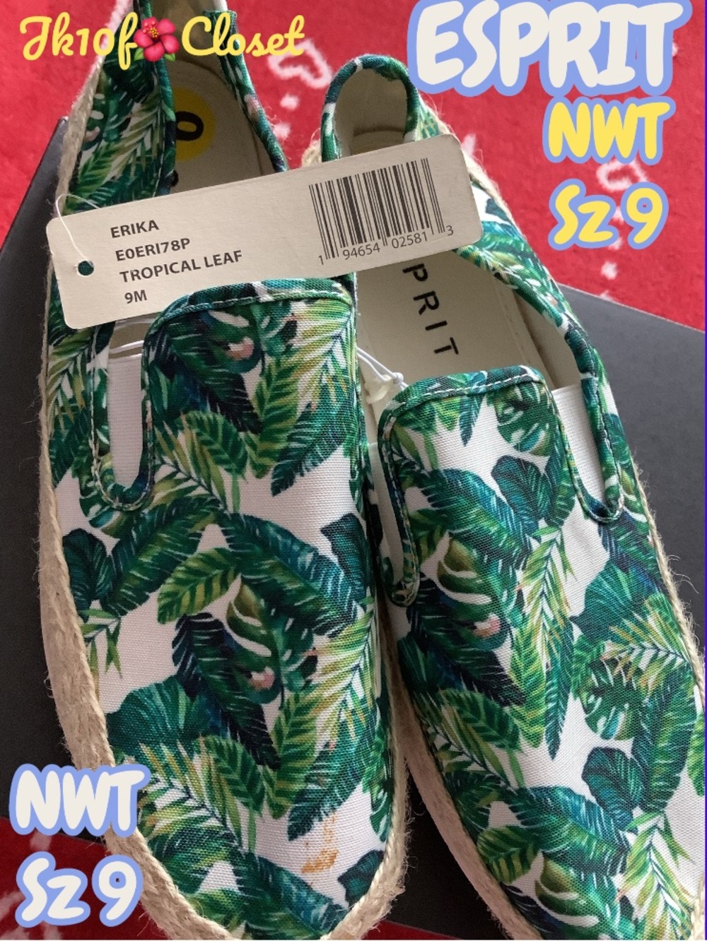 LOWEST 🌺 ESPRIT Sz9 ERIKA TROPICAL LEAF PRINT FLAT ESPADRILLES